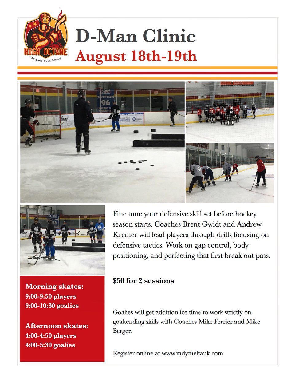 Get some extra ice time in before the season starts and perfect your defensive skills. Sign up for High Octane D-Man Clinic with coaches Gwidt and Kremer this weekend!

#indyhockey #juniorfuelhockey #hockey