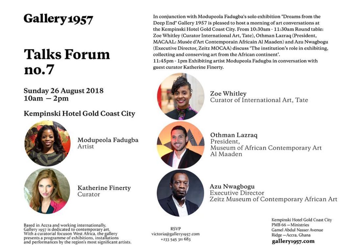 On Sunday 26th, Gallery 1957 is happy to host Talks Forum no.7 in conjunction with Modupeola Fadugba’s solo exhibition 'Dreams from the Deep End.' Speakers will discuss the institution’s role in exhibiting, collecting and conserving art from the African continent.