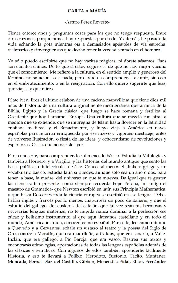 Jergo27's tweet photo. Tenga por seguro Don @perezreverte que mis hijos leerán está carta. https://t.co/MRLri1E7IR