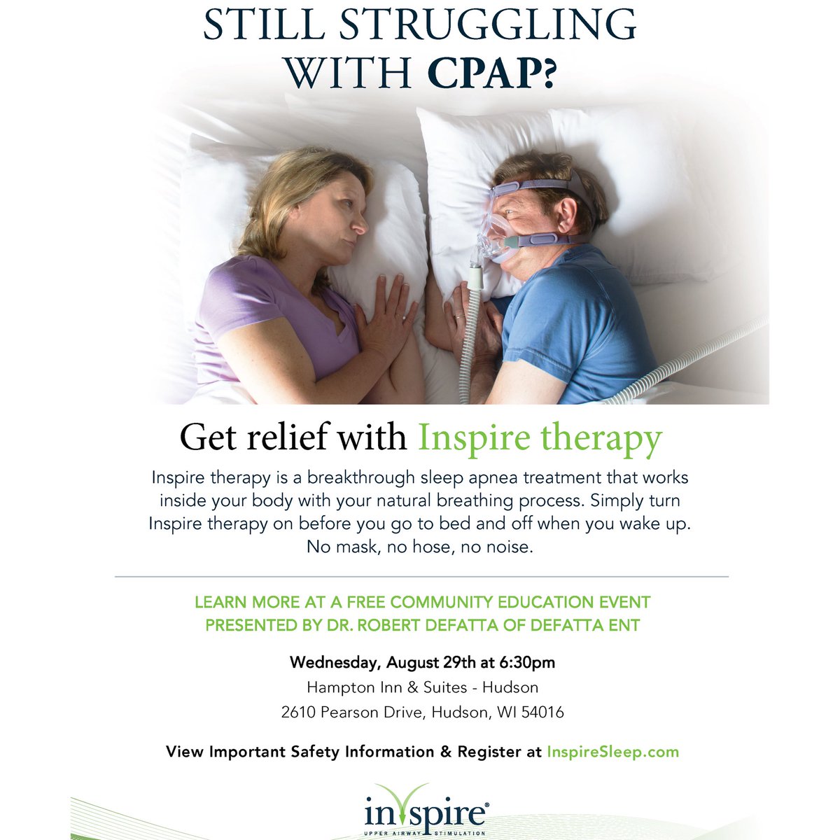 DrRobertDeFatta's tweet photo. Do you struggle with sleep apnea and can't find a solution that best suits you?

I will be speaking at a free community education event at the @hamptonbyhilton in Hudson, Wisconsin on August 29th at 6:30 pm.

Register here: https://t.co/TeybaAzHNB https://t.co/FUq0WcJouq