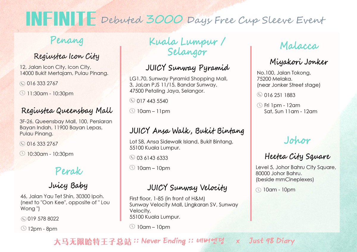 neverending1069's tweet photo. D-10 to INFINITE debuted 3000days
This is the details about the cup sleeve event in MALAYSIA 🎉🎉

Penang Island✨Ipoh,Perak✨ KL,Selangor✨Melacca✨Johor✨Sarawak✨Sabah 
Every time I was jealous to other country and now finall INFINITE cup sleeve event is held in MALAYSIA!! https://t.co/2hkwlotekc