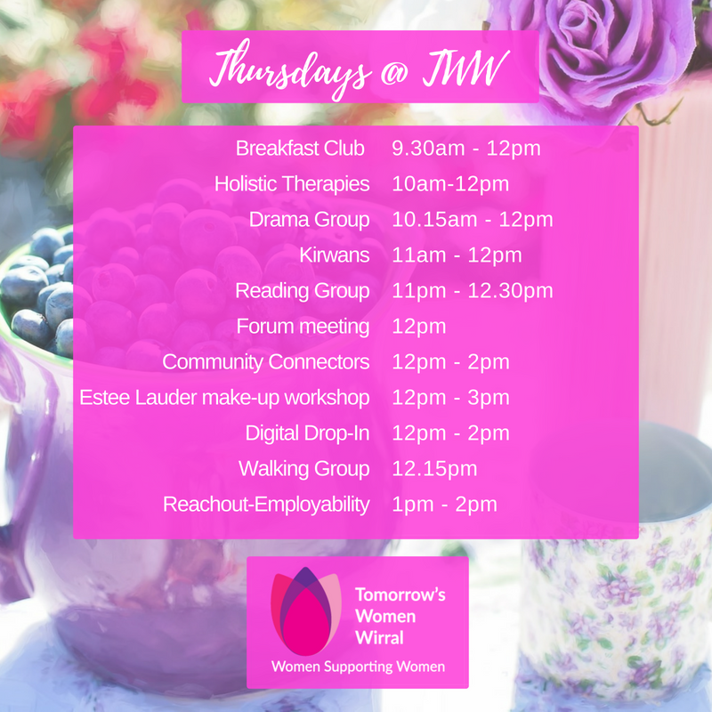 TomorrowsWomen's tweet photo. Thursday & what a day we have planned with Holistic therapies, Drama, a Estee Lauder make-up workshop, Forum meeting plus Reachout & IT Mersey with the Police raising awareness of online safety & fraud #letsgetsavvy #digitalsafety @IncludeITMersey @MerseyPolice @Wirrallibraries https://t.co/RGVaOtuJ1F
