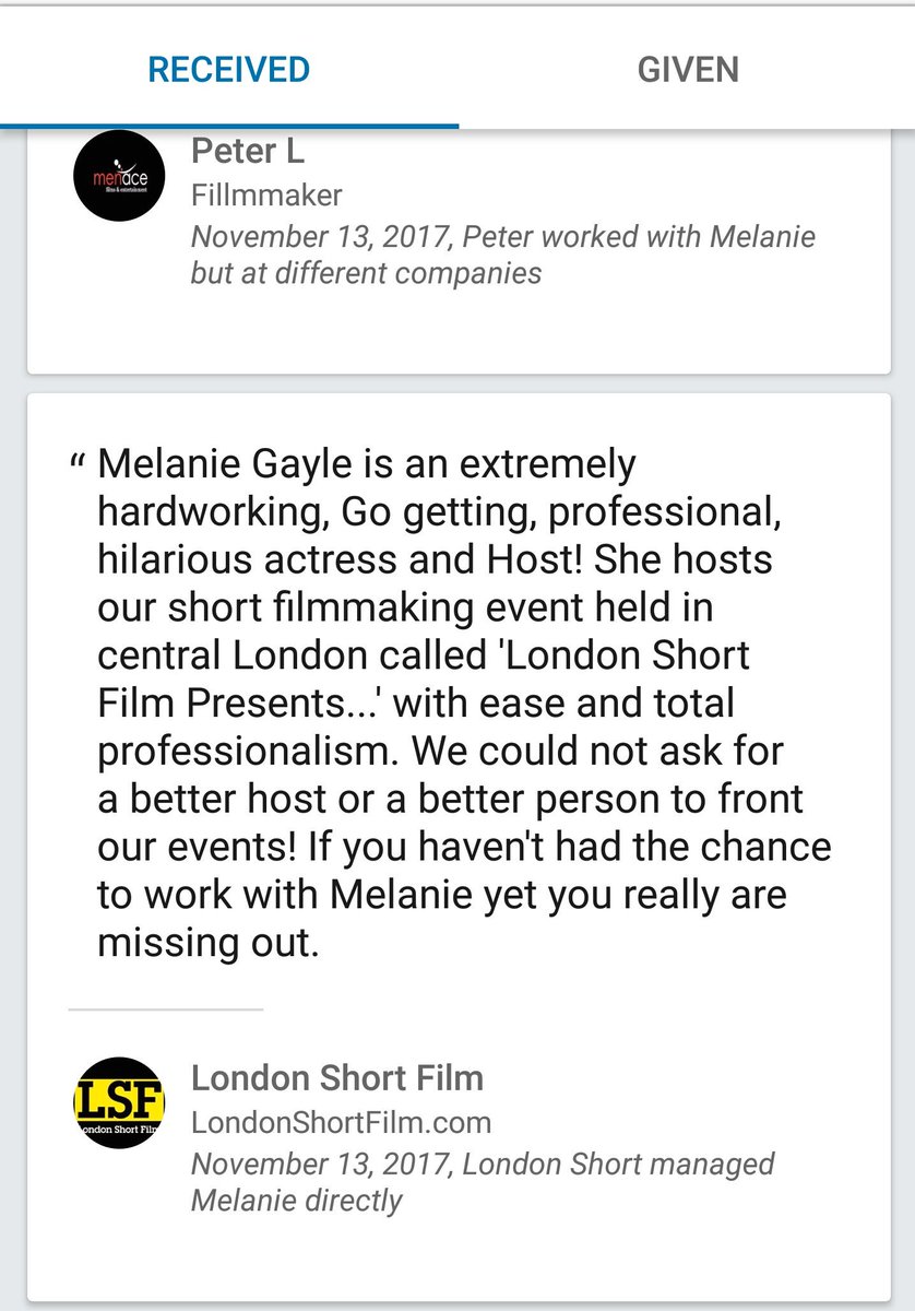 MelanieTGayle's tweet photo. #grateful #thankful for these amazing #recommendations and #positive #feedback on my work

I really #LOVE what I do and am happy I quit the day job to #dowhatilove thanks @KushFilmsOnline #LondonShortFilm #IlieZubaszco #PeterLowe #MenaceFilms

#New #TalentAgency @MelsGotTalent https://t.co/eHAsZ4bXxf