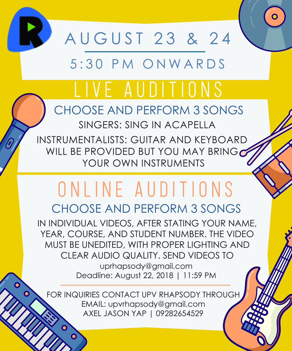 UPVRhapsody's tweet photo. Calling all aspiring singers and instrumentalists! 🙌

Please be guided!
Venue will be announced soon!
See you this August 23 &amp; 24! 🎶

#PassionNeverStops https://t.co/il8Dcaw5Kh