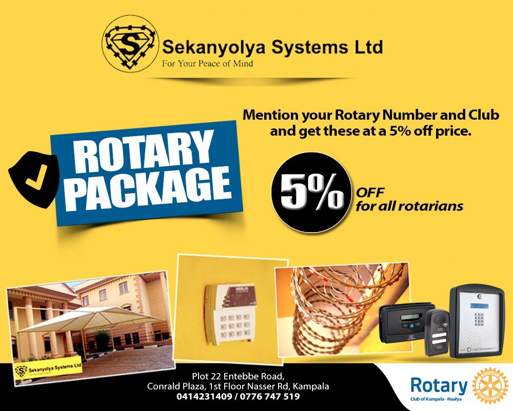 Denis Jjuuko (@denis_jjuuko) on Twitter photo Are you a Rotarian? You can get a security package from our partner <a href="/sekanyolyaug/">Sekanyolya Systems Ltd.</a> at a discounted price. Are you a Rotarian? You can get a security package from our partner <a href="/sekanyolyaug/">Sekanyolya Systems Ltd.</a> at a discounted price.