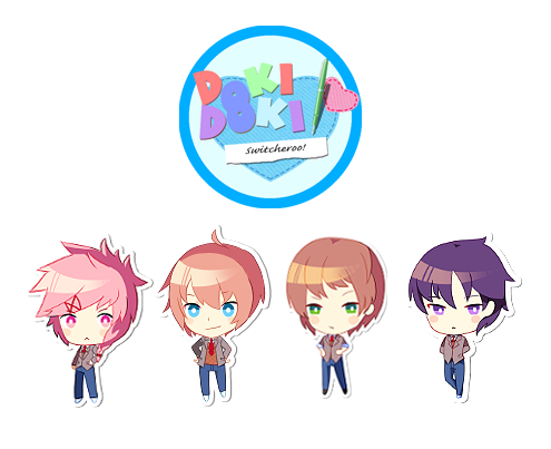 MW_Roach's tweet photo. Doki Doki Switcheroo demo coming in Sept. It's a #DDLC mod. Designs by me; artwork by yagamirai10 Based on the original @dansalvato game. Stickers for the poem game. So cute! https://t.co/A01bjBHhnv