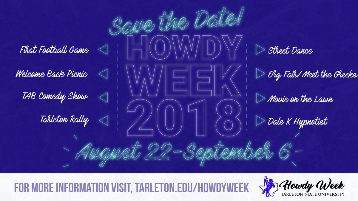 tarletonstudent's tweet photo. Hey Texans! Who is ready to be back @tarletonstate? Howdy Week is packed full of events to welcome you all back to campus so mark your calendars now! https://t.co/FIQyPjUrAD