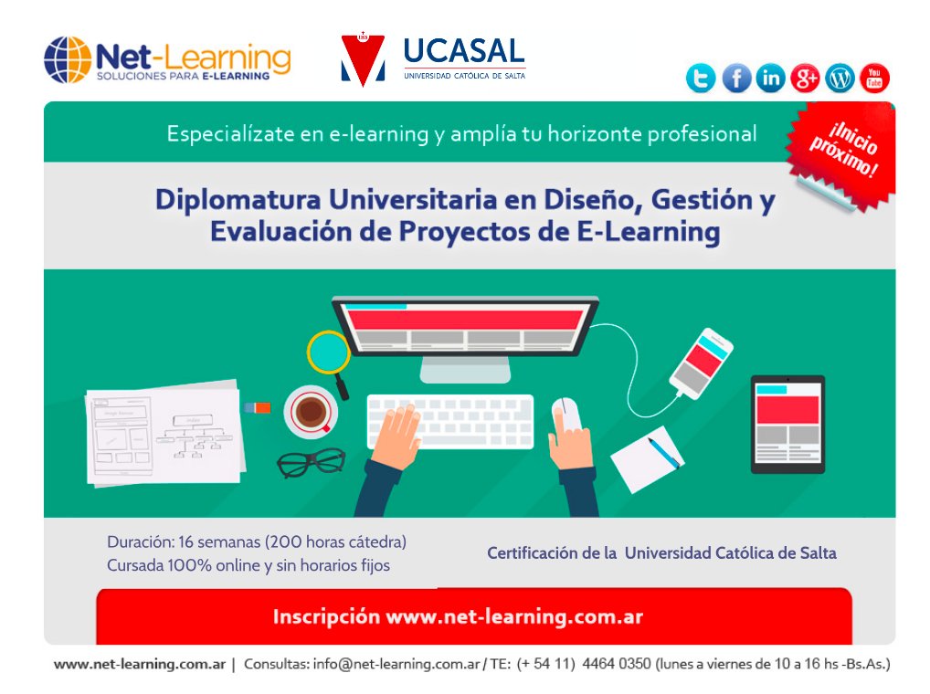 netlearning20's tweet image. ¿Buscas un cambio en tu profesión? Fórmate consultor en #eLlearning y lidera tus propios proyectos de ¢educación virtual. Diplomatura online que inicia el 21-8. ¡Inscríbete! ➨ ow.ly/rslvO Certificación de @UcasalOficial #formación