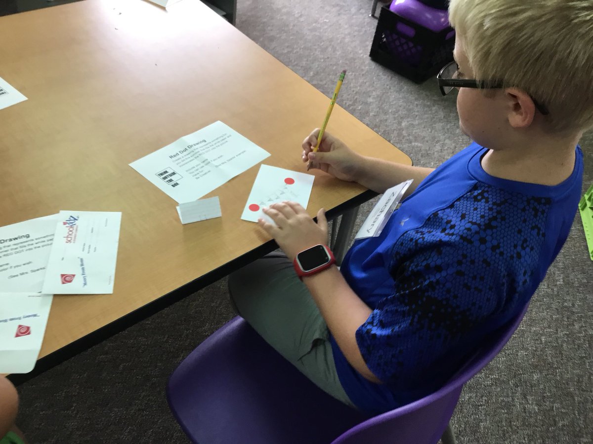 Creativity Challenge - day one. SS created a drawing of a fun experience to share with their new fifth grade friends.  The challenge was to incorporate the red dots into their drawing. Creative kids! #DCSday1 <a href="/greDCSD/">GRE</a>