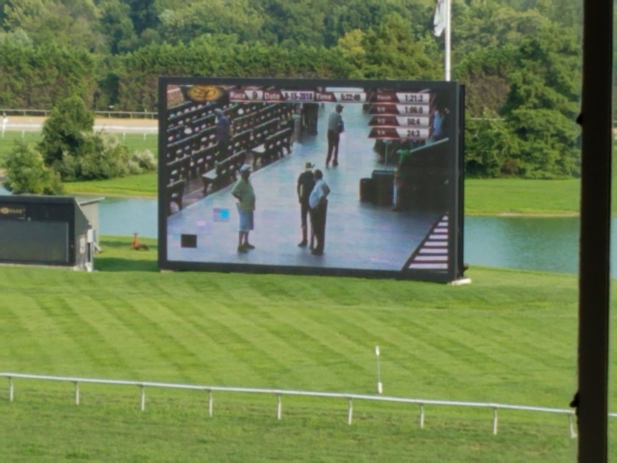 <a href="/RyanPowell3/">Ryan Powell</a> and Scott Powell on the big screen after a victory in the Arabian race <a href="/DelParkRacing/">Delaware Park</a>