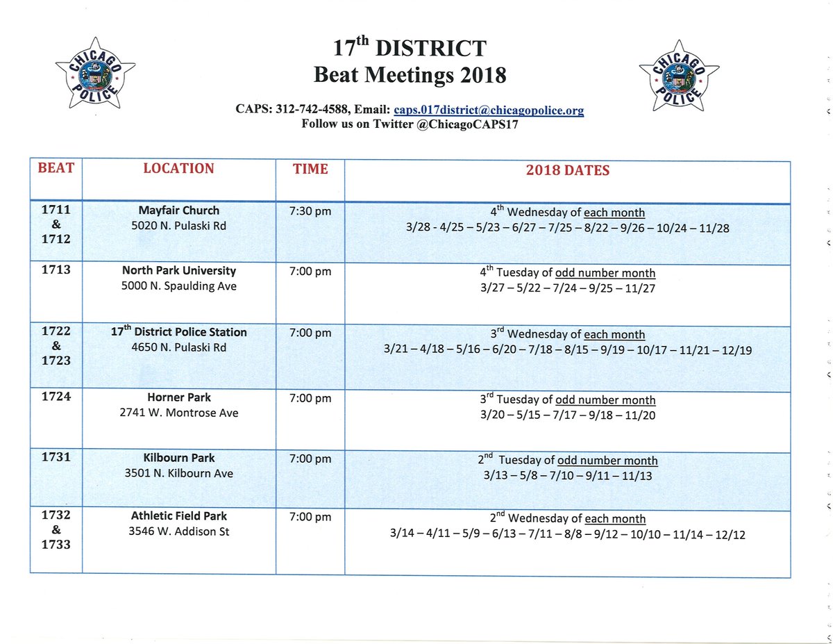 Reminder, Its Beat 1722/1723's combined beat meeting tonight 8/15/18. It will be inside the 17th District Police Station (4650 N. Pulaski Rd) at 7 PM. Below is the schedule for all 17th District beat meetings.