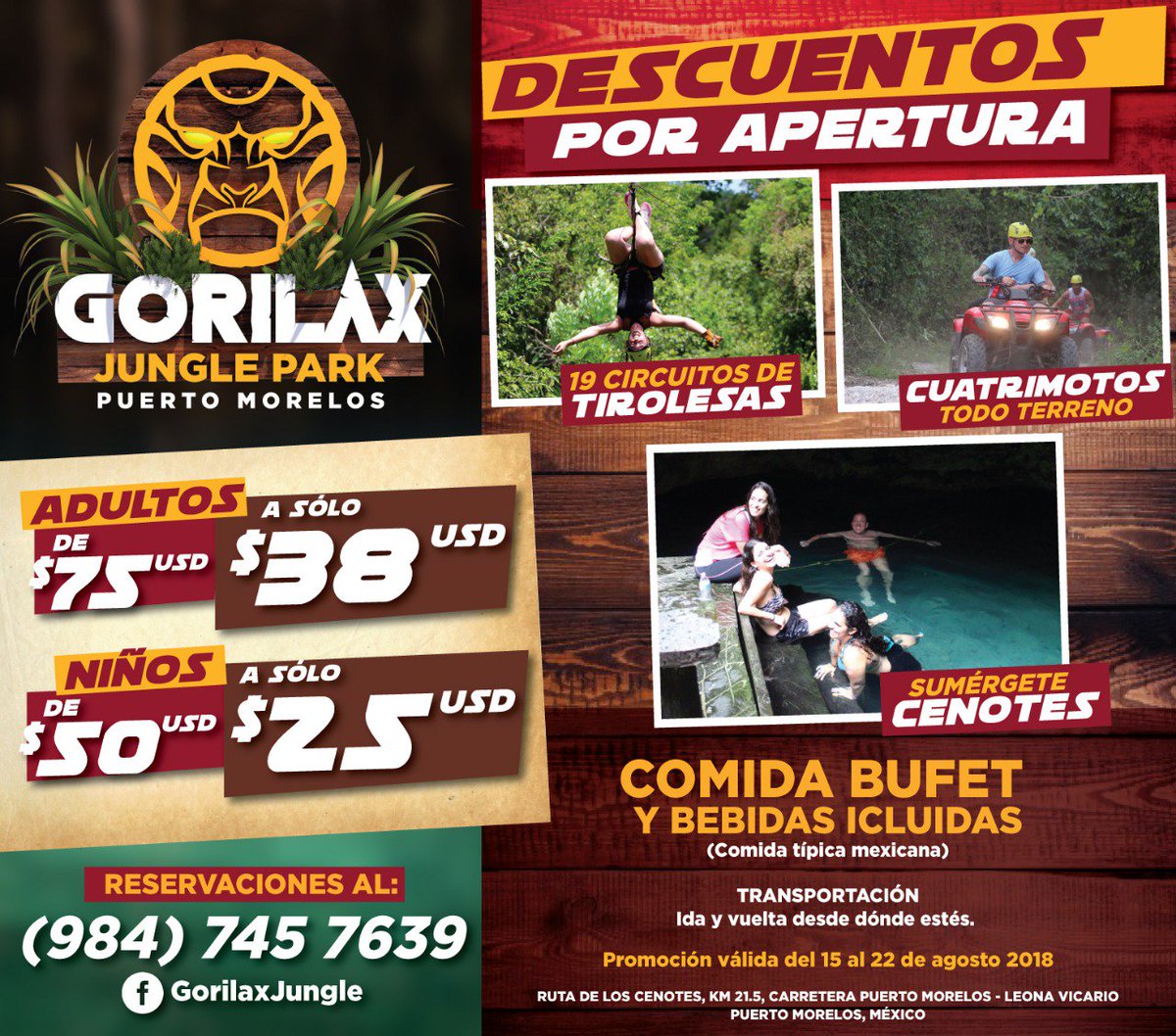 GorilaxP's tweet photo. Estamos abriendo el día de hoy!! Toda esta semana tenemos promociones para que vengan a conocernos! #Tirolesas #cuatrimotos #atv #cenotes #buffet #quintanaroo #cancun #puertomorelos #tulum los invitamos! Gran inauguración! https://t.co/9m85EQlkiC