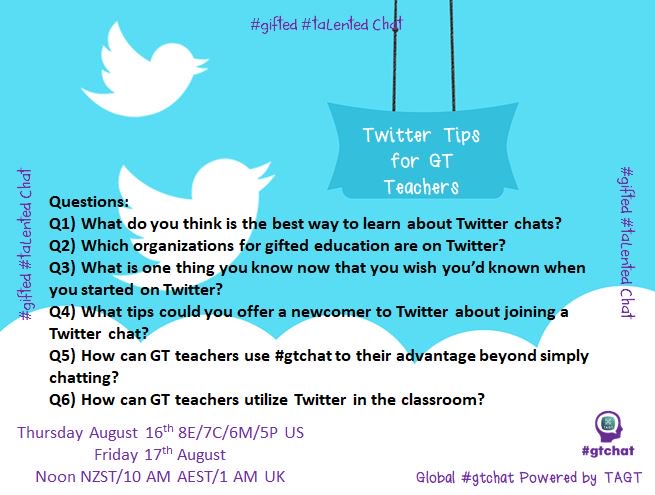 gtchatmod's tweet photo. Questions for this week's (8/16 - 17) Global #gtchat Powered by #TAGT @TXGifted - “Twitter Tips for GT Teachers” #NAGC #edchat #txeduchat #edtechchat #AussieED #vicpln https://t.co/aEhNveOdpR