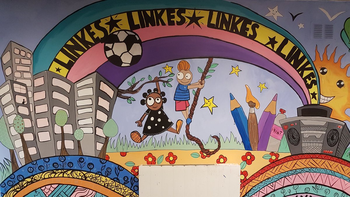 LINKESGLA's tweet photo. Our children designed and painted a new mural for our club over the holidays.  @BBCCiN #linkessummer2018 #artisitsinresidence https://t.co/TXVABsouM7