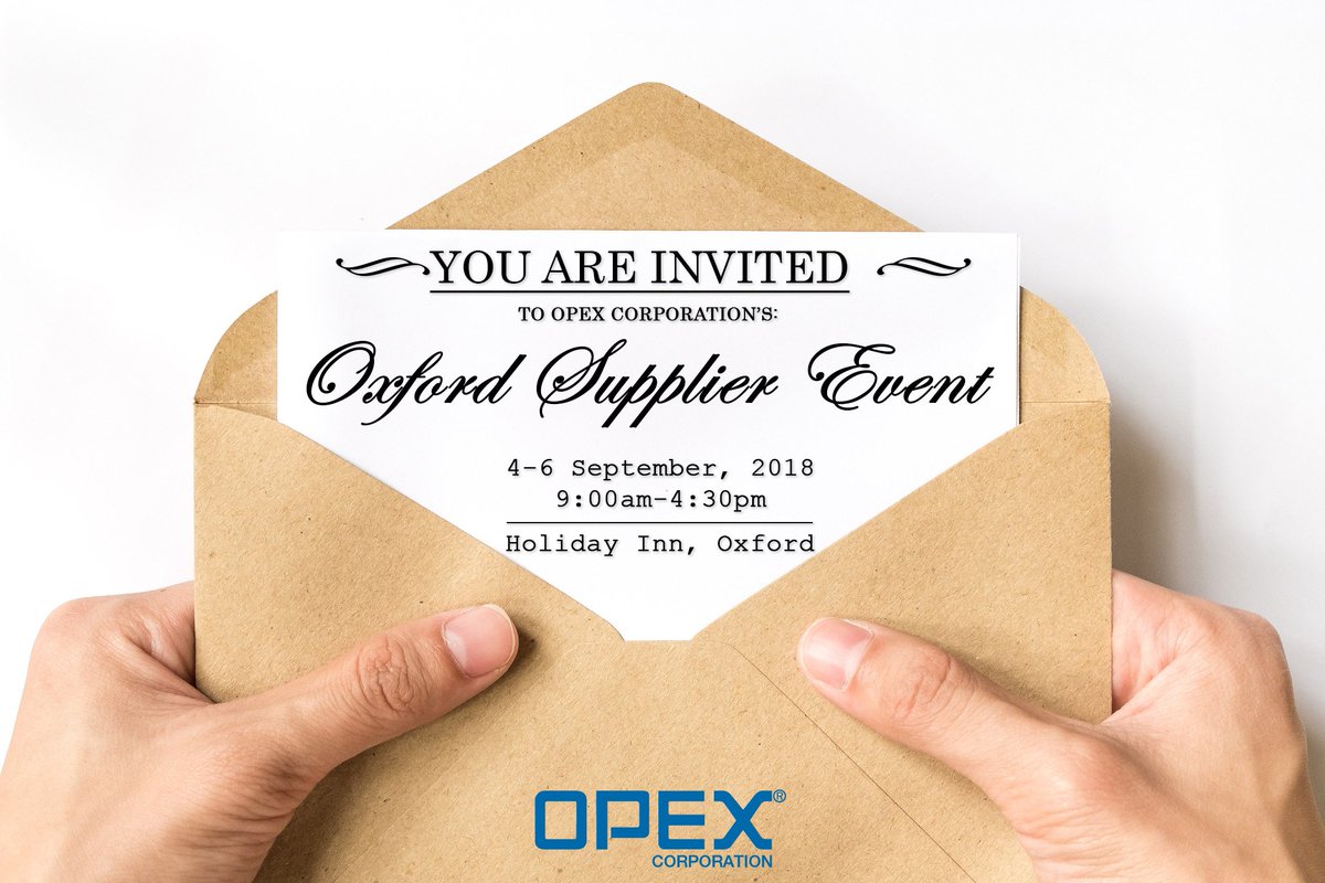 OPEXcorporation's tweet image. Meet us at our UK #SupplierEvent, 4-6 September 2018 at the Holiday Inn, Oxford. See live demos of our state-of-the-art document imaging platforms and high speed mailroom automation technologies. Contact Andrew Smith Asmith@opex.com to RSVP! #Falcon #MailMatrix #Automation