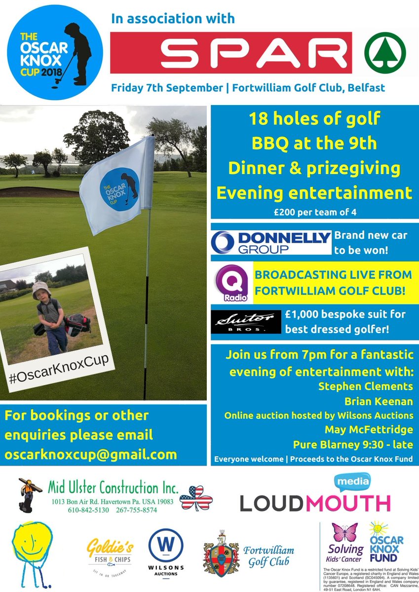 The 2018 #OscarKnoxCup in association with <a href="/SPARNI/">SPAR NI</a> will be the biggest and best yet! We are already sold out, but have a waiting list in operation. All welcome to join us in evening <a href="/fortwilliamgc/">Fortwilliamgc</a> for a great night of entertainment! #Golf #Craic #TeamOscar 💙🏌⛳💛