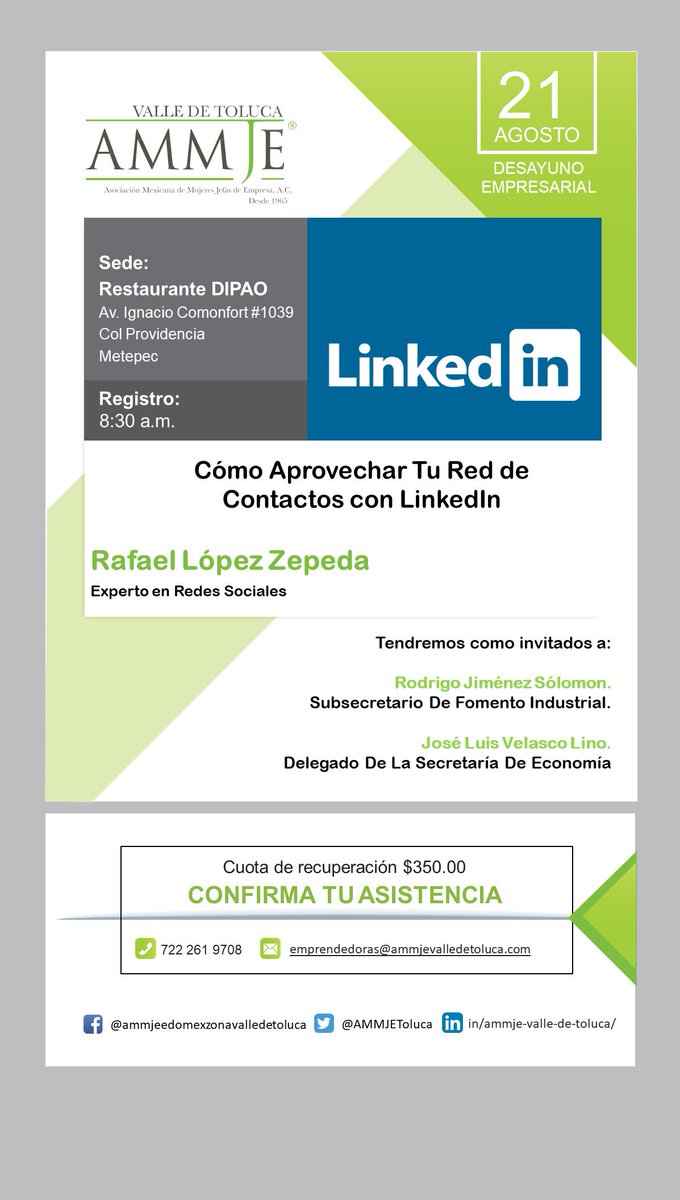 El Próximo martes tendremos nuestro desayuno/sesión. Confirma tu asistencia y no te lo pierdas.