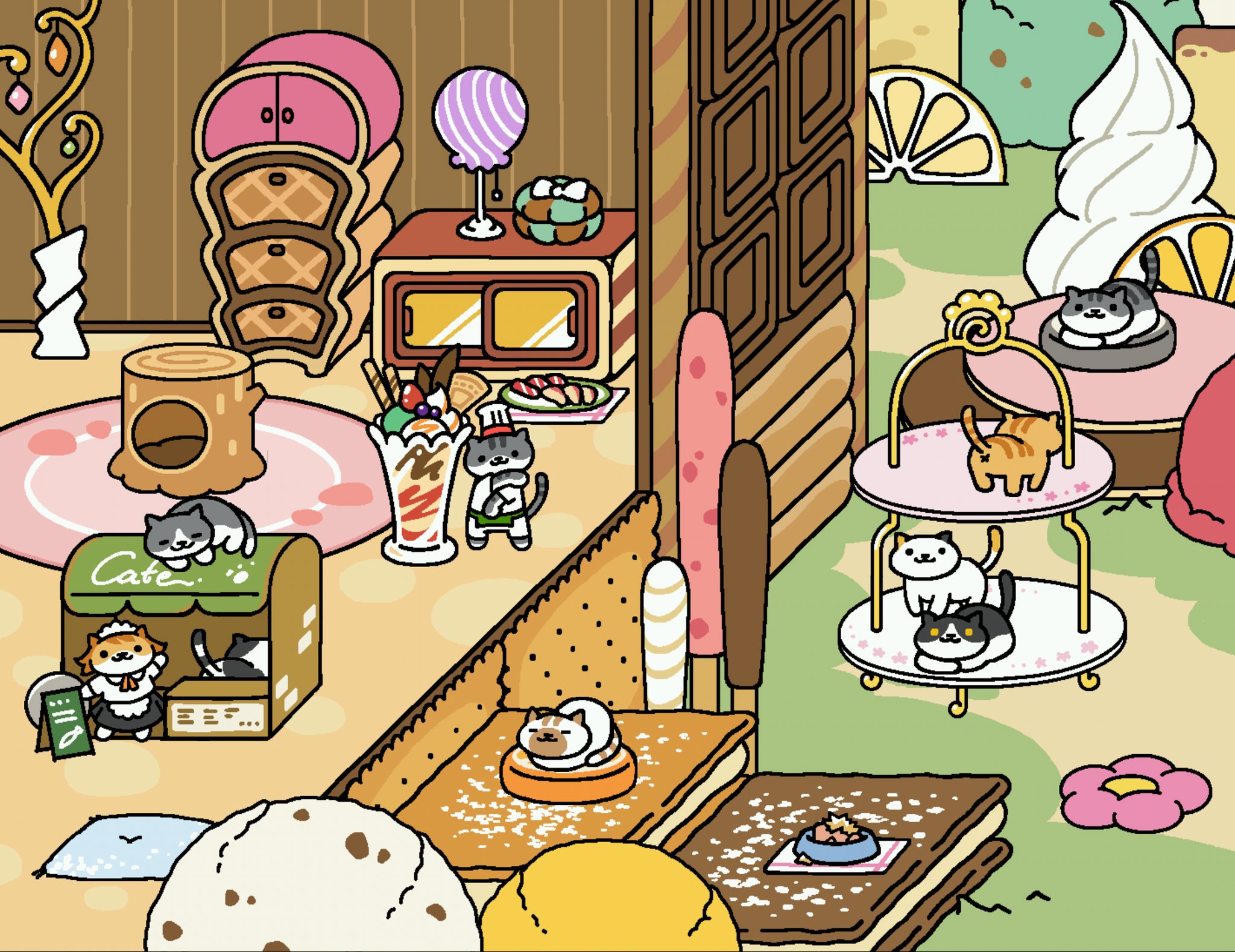 ねこあつめフリーク Auf Twitter かふぇさんとびすとろさん 登場 かふぇさん 今夜の深夜カフェは びすとろさんとのコラボ営業ですよ 美味しいコーヒーとスイーツ びすとろさんの特大パフェ をお楽しみくださ い びすとろさんは寡黙な