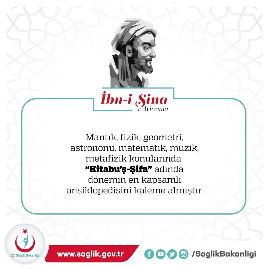 saglikbakanligi's tweet photo. Mantık, fizik, geometri, astronomi, matematik, müzik, metafizik konularında “Kitabu'ş-Şifa” adında dönemin en kapsamlı ansiklopedisini kaleme almıştır. https://t.co/tFKz9upXuT