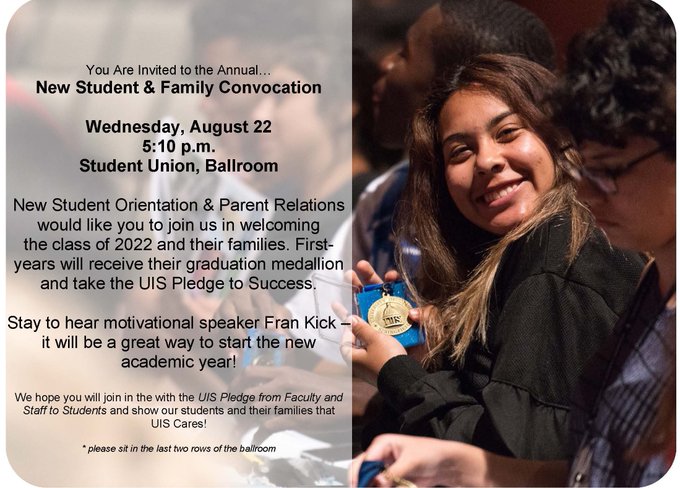 New #UISedu Students and Family Members: Mark your calendars for Convocation on Wednesday, August 22 at 5:10 p.m. in the Student Union Ballroom. We look forward to welcoming you to campus! @UIS_NSOPR https://t.co/DkPzmYFgQm