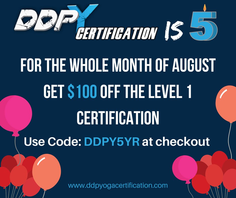DDPYoga's tweet photo. The DDP YOGA Certification program is turning 5 this month! Celebrate by taking $100 off the cost of your level 1 certification using promo code DDPY5YR at https://t.co/vOgk1mwvpp. #TeachDDPY #DDPYCertification #DDPYworks https://t.co/WNdrDaIlbr