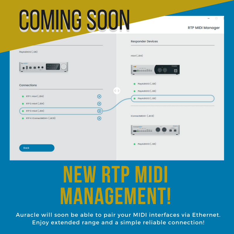 Here's something new we just couldn't keep under our hats any longer! Coming soon to #Auracle a new and easy way of pairing your #Ethernet #MIDI interfaces. 

We think it's pretty cool. We hope you do too!

#PlayAUDIO12 #mio4 #mio10 #iConnectMIDI4+