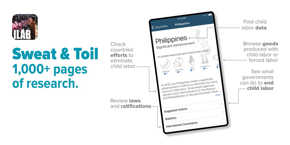Sweat & Toil App: 1,000+ pages of research. Check countries' efforts to eliminate child labor, review laws and ratifications, find child labor data, and more.