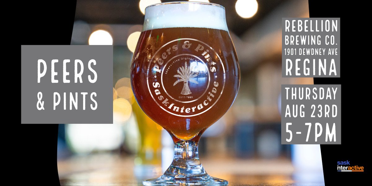 Join <a href="/saskinteractive/">SaskInteractive 👾</a> for Peers and Pints 
Thurs Aug 23rd 5-7pm
@RebBrewRegina 1901 Dewdney
#yqr
Everyone is welcome!
#networking #Entrepreneurship #tech #localbusiness #Brewers