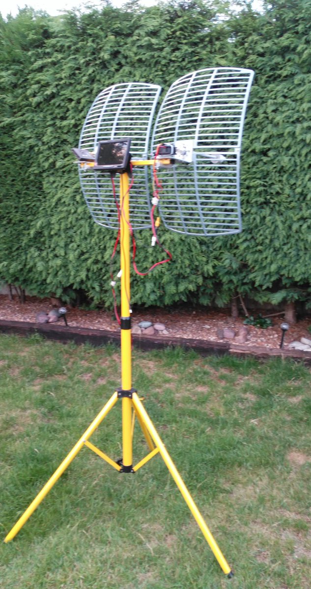 nerdsville's tweet photo. Almost ready to go out and try this 5.6GHz ATV twin 27dBi mesh antennas mounted on tripod. All other kit sorted. https://t.co/NxgIFej8Mq