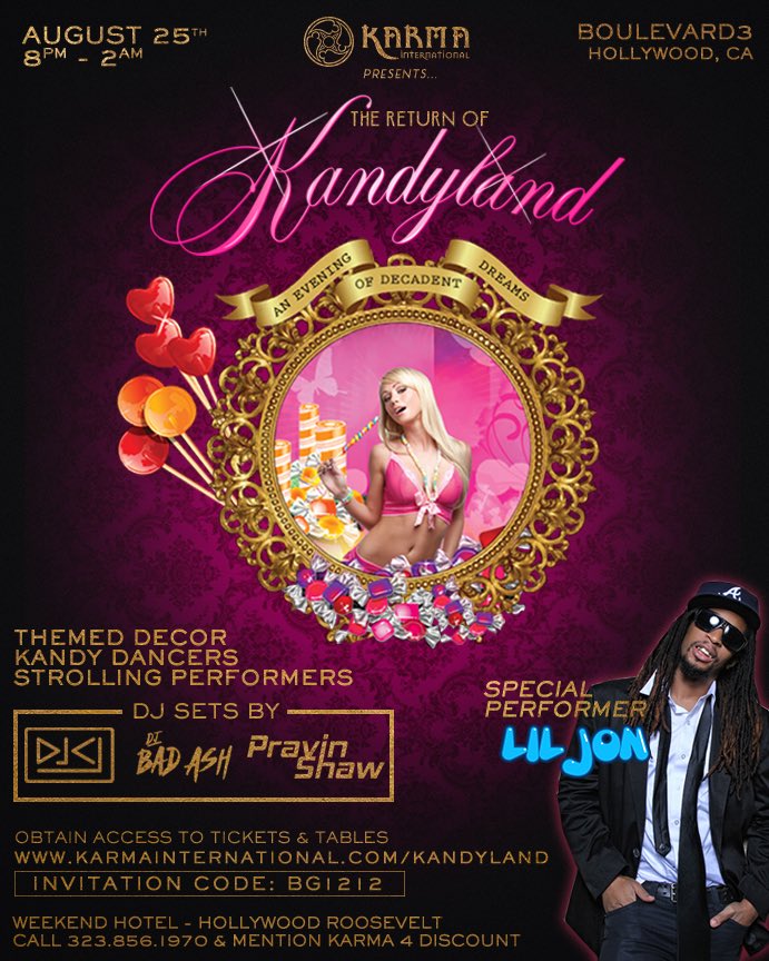 AlwaysBGolden's tweet photo. Don’t miss Kandyland! The legendary one-of-kind party that started it all, returns Aug 25th.
Get tix & tables at: https://t.co/t03Wsd7AG2
Use code: BG1212
#karmaintl #karmalife #kandyland #nightlifelosangeles #liljon https://t.co/9yDeK2aISO
