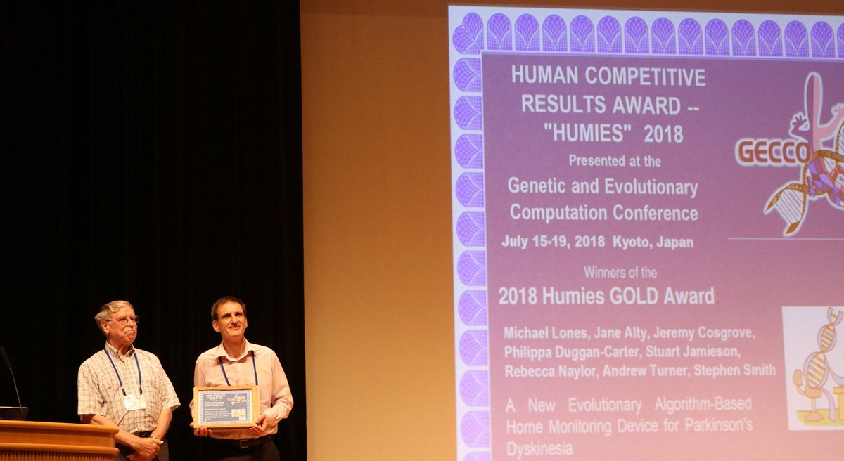 ClearskyMD's tweet photo. Here's Professor Stephen Smith when he collected the 15th Annual Gold #Humies Award, on behalf of colleagues at the Genetic and Evolutionary Computation Conference (#GECCO) in Japan this July. https://t.co/6S5vdpsLqF