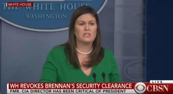Chris_1791's tweet photo. OUCH! #Sarah_Sanders reads BLISTERING statement about ex CIA chief #John_Brennan, security clearance revoked (these others are ‘under review’) https://t.co/bQ6tcNUJdg via @twitchyteam https://t.co/pZmjPm3DGu