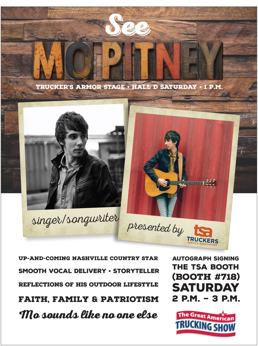 Who's coming to see <a href="/MoPitney/">Mo Pitney</a> in Booth #718 #GATS <a href="/TruckShow/">GATS</a>? 1 pm Main Stage and 2 - 3 pm in the <a href="/TSATruck/">TSA</a> Booth for Meet &amp; Greet and autographs!