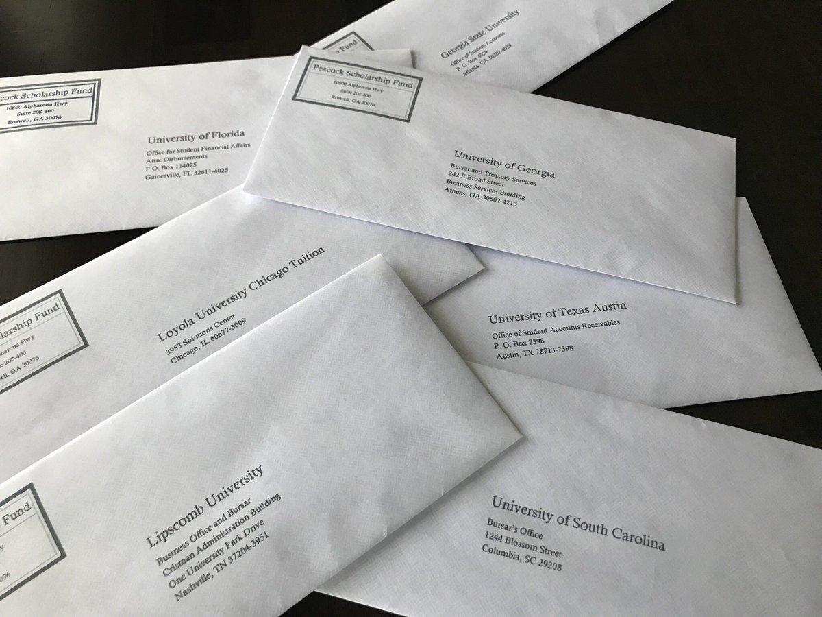 PeacockScholar's tweet photo. The 2018 scholarship checks have gone out for The Peacock Scholarship Fund! We are proud of each one of our recipients! https://t.co/ss7O3VnWU2 #college #scholarships #education https://t.co/099KPB7f4V