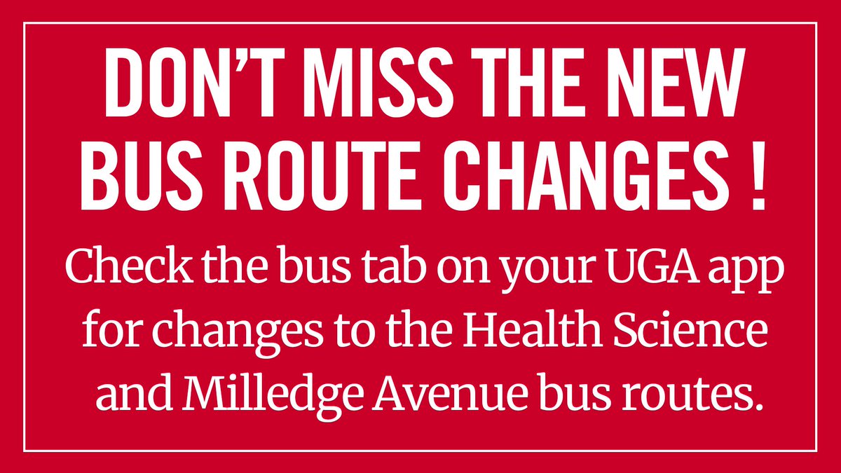 ugasga's tweet photo. Make sure you know where you're going!🚦Milledge Avenue and Health Sciences bus routes have changed. Check out the UGA app for more details! Have a great Wednesday! https://t.co/qtywb6V4T1