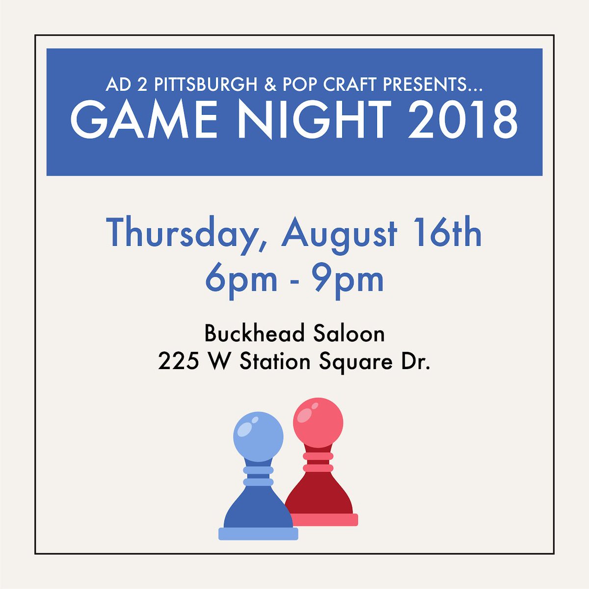 Ad2Pittsburgh's tweet photo. Register online for you FREE drink ticket, only the first 50 will receive one! (Psst we’re almost out).... Register at https://t.co/4EV6iAMe42 #Ad2 #AdFed #AAF #GameNight2018 @PopCraftArt @BuckheadPitts @PghAdFed https://t.co/nNoQ0wwtLG
