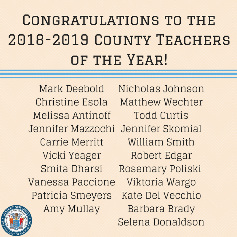 NewJerseyDOE's tweet photo. The NJDOE is proud to announce and honor the 21 County Teachers of the year! Congratulations to all of the recipients! https://t.co/cZwSj2RLFG