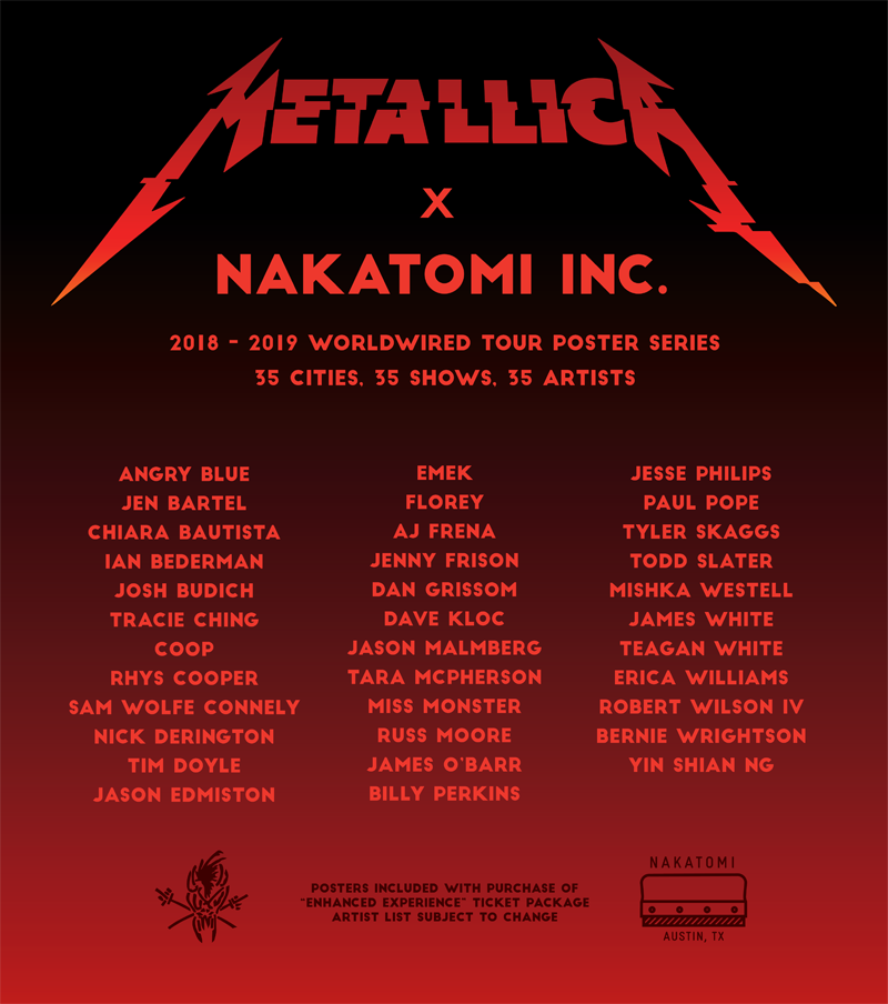 Nakatomi_INC's tweet image. NAKATOMI x METALLICA! Announcing the artist line-up for the upcoming 2018-19 Metallica VIP poster series! The series kicks off in just 2 weeks. We'll release the print images and the print on-sale info on our account here! Stay tuned...