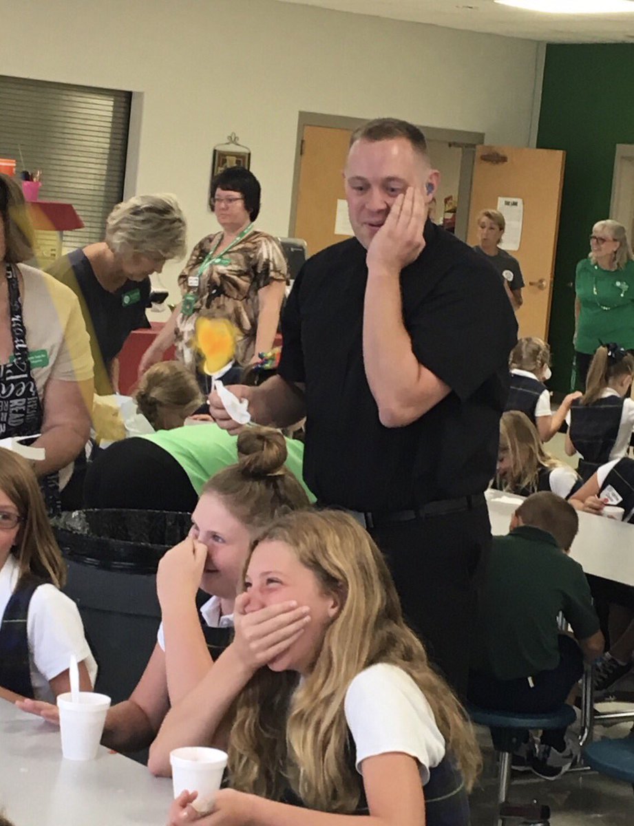 StPatSch's tweet photo. Our first day back to school was a huge success!  The singing at Mass was beautiful, and the sno  cones were enjoyed by all!  Check out Fr. Dan’s expression after he witnessed another spill!  #StPatProud https://t.co/uYOPDhtpJe