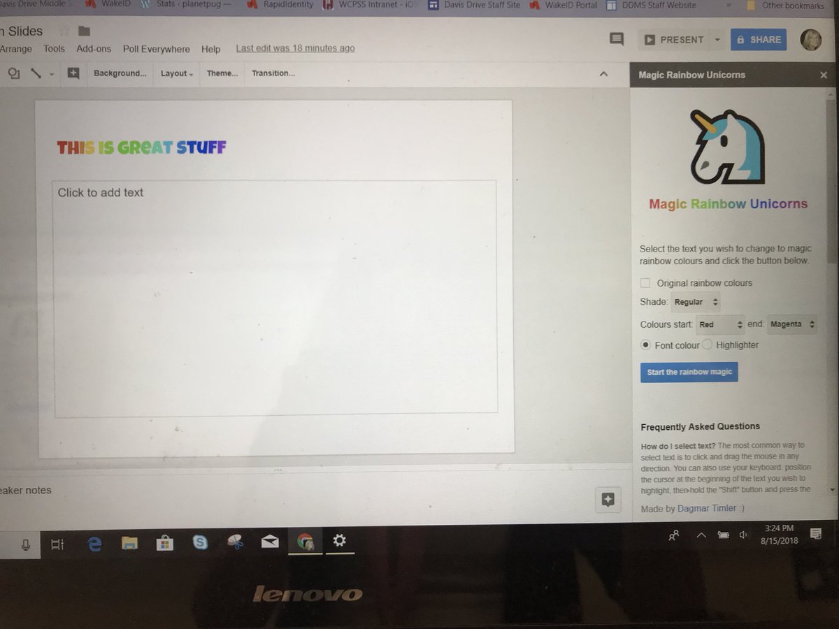 MelanieCFarrell's tweet image. Magic Rainbow 🌈 Unicorns @Google chrome add-on. C’mon who doesn’t ❤️🧡💛💚💙💜 some rainbow text? #GoogleSuite #GoogleEDU #GAFE
