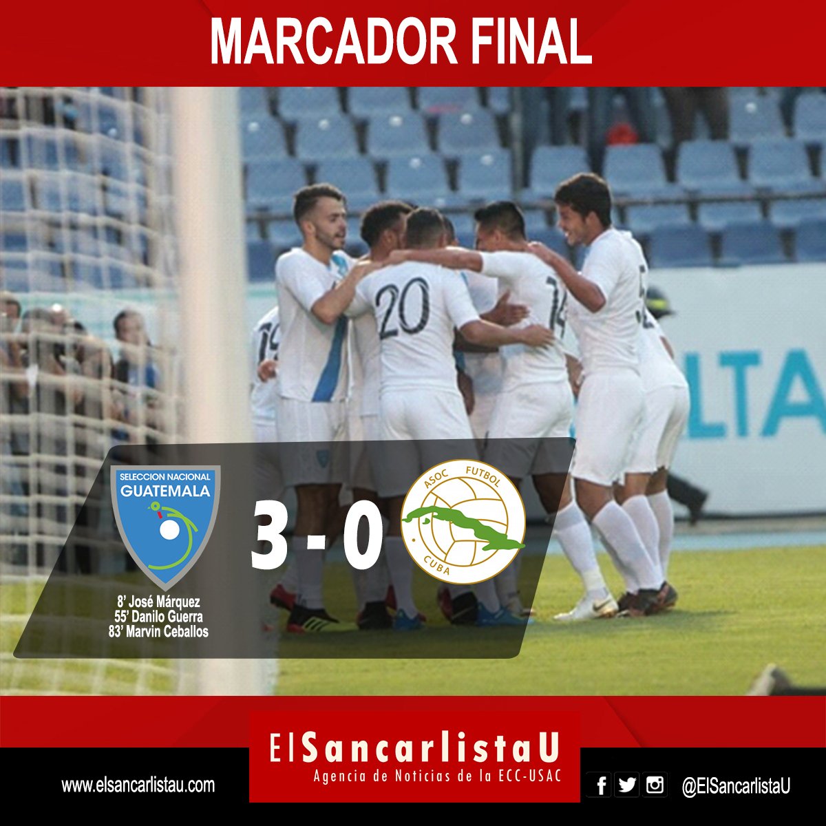 BrandonARamire1's tweet photo. #ESUDeportes | @ElSancarlistaU 

Guatemala inicia con pie derecho su retorno al fútbol internacional 

Guatemala 3 - 0 Cuba

🇬🇹🇬🇹🇬🇹⚽️⚽️⚽️

#SeleccionNacional 
#GUATECUBA https://t.co/JSaNjXeUOL