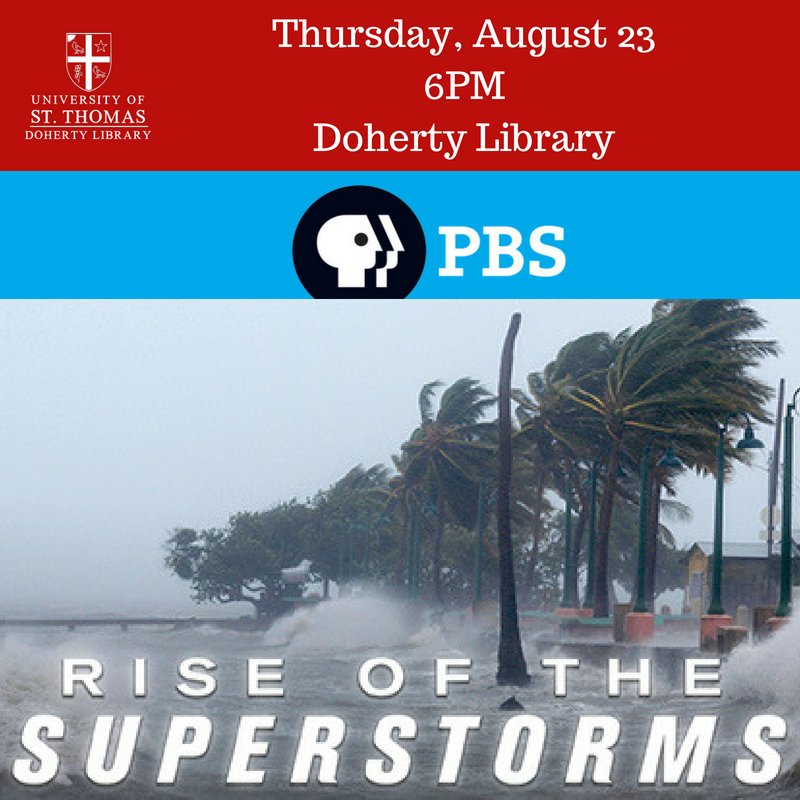 DohertyLibrary's tweet photo. August 25th marks the 1 year anniversary of #HurricaneHarvey made land fall. Stop by the library Thursday, 8/25 at 6PM to catch #PBS's #NOVA Rise of the Super Storms.#USTHOUSTON #USTORIENTATION #Celtstrong #Doherty https://t.co/JCFZbyt8ee