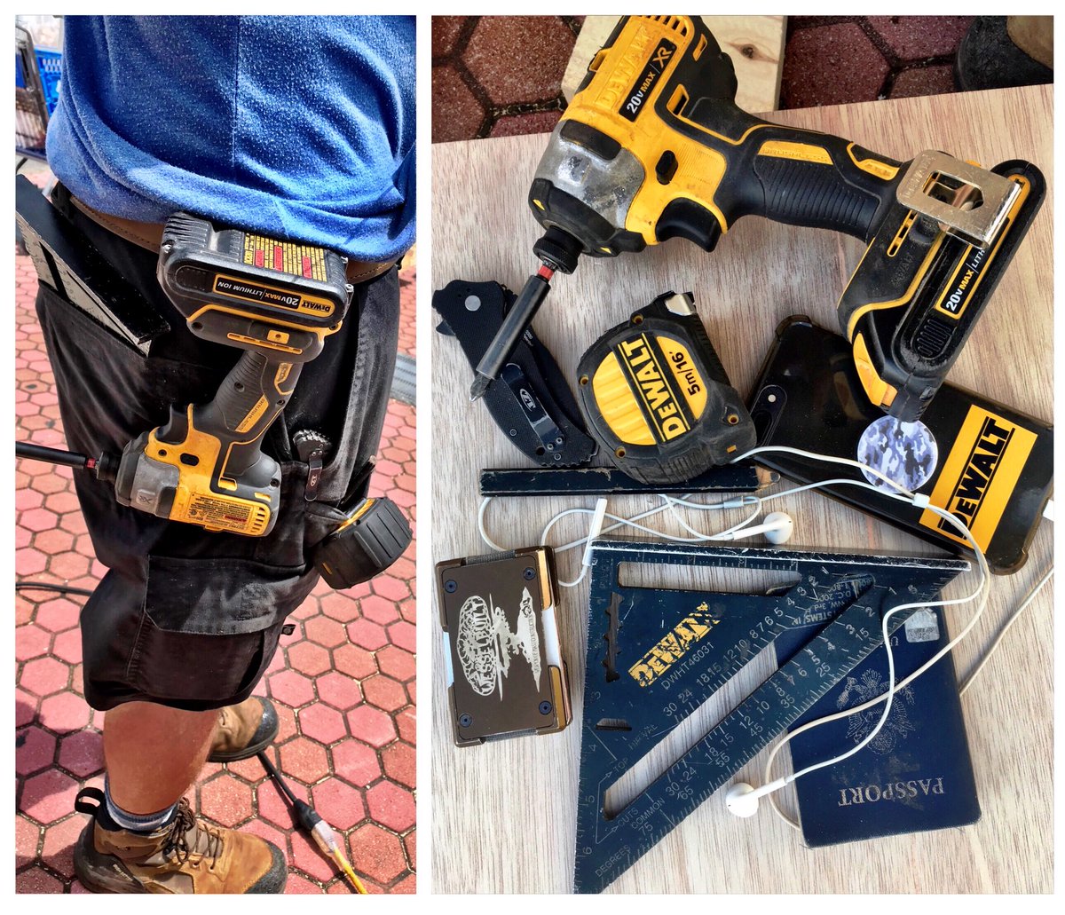 wesselbuilt's tweet photo. On smaller jobs that I u have 2 travel on planes 2 get to. keep it light & compact & bringing a tool belt does not always work. So here is a pocket dump from this job. Tape, speed square, pencil, impact drill, phone, passport, ZT knife, #celticshield wallet! @dewalttough https://t.co/thVcyiqu2m