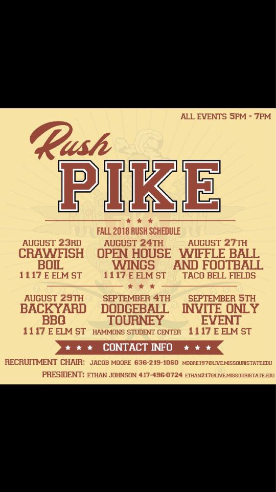 MSU_Pikes's tweet photo. If you missed out on the first opportunity to win a free Rush PIKE shirt, then retweet this tweet for a chance to win another! A winner will be announced in a week, and feel free to stop by at any of our rush events! #RushPike https://t.co/WGFdL8QLvz