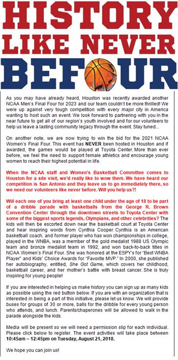 CoopBball14's tweet photo. HISTORY LIKE NEVER BEF🏀UR  I am teaming up with The City of Houston to bring the Women's Final Four here. The NCAA committee arrives Aug. 21st. Need female players 18 &amp; under &amp; any coaches 
I love being in the History Books! Come Join me
#NCAAFINALFOURBID
#WOMENSBASKETBALL https://t.co/bP9Xe5b0Q4