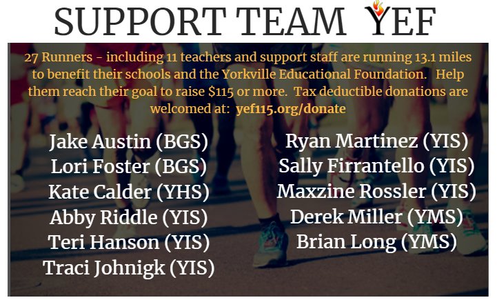 YEF115's tweet photo. Just over a month until our #TeamYEF race.  Our staff need your support this month to reach their fundraising goal.  Each person who donates online will be entered to win a $25 Amazon gift card.  Check out our @Yorkville115 staff runners and donate now https://t.co/5Mmlgch1fC https://t.co/NDNkwa2gAE