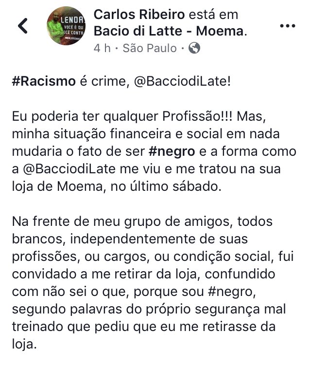 AlexSchwartsman's tweet photo. Aconteceu com meu amigo Carlos Ribeiro. Episódio lamentável de racismo, sobre o qual, até o presente, a Baccio di Latte não se manifestou, nem se desculpou. https://t.co/WvoBq2y2oG