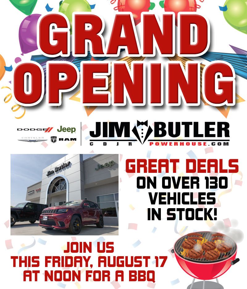 JimButlerCDJR's tweet photo. Don't miss the unveiling of our new and improved showroom this Friday at noon!
We'll have free food, fun, and the best deals on over 130 new Chryslers, Dodges, Jeeps, and RAMs in the area! #JimButlerCDJR #JimButler #GrandOpening https://t.co/ErYA3kd5Al