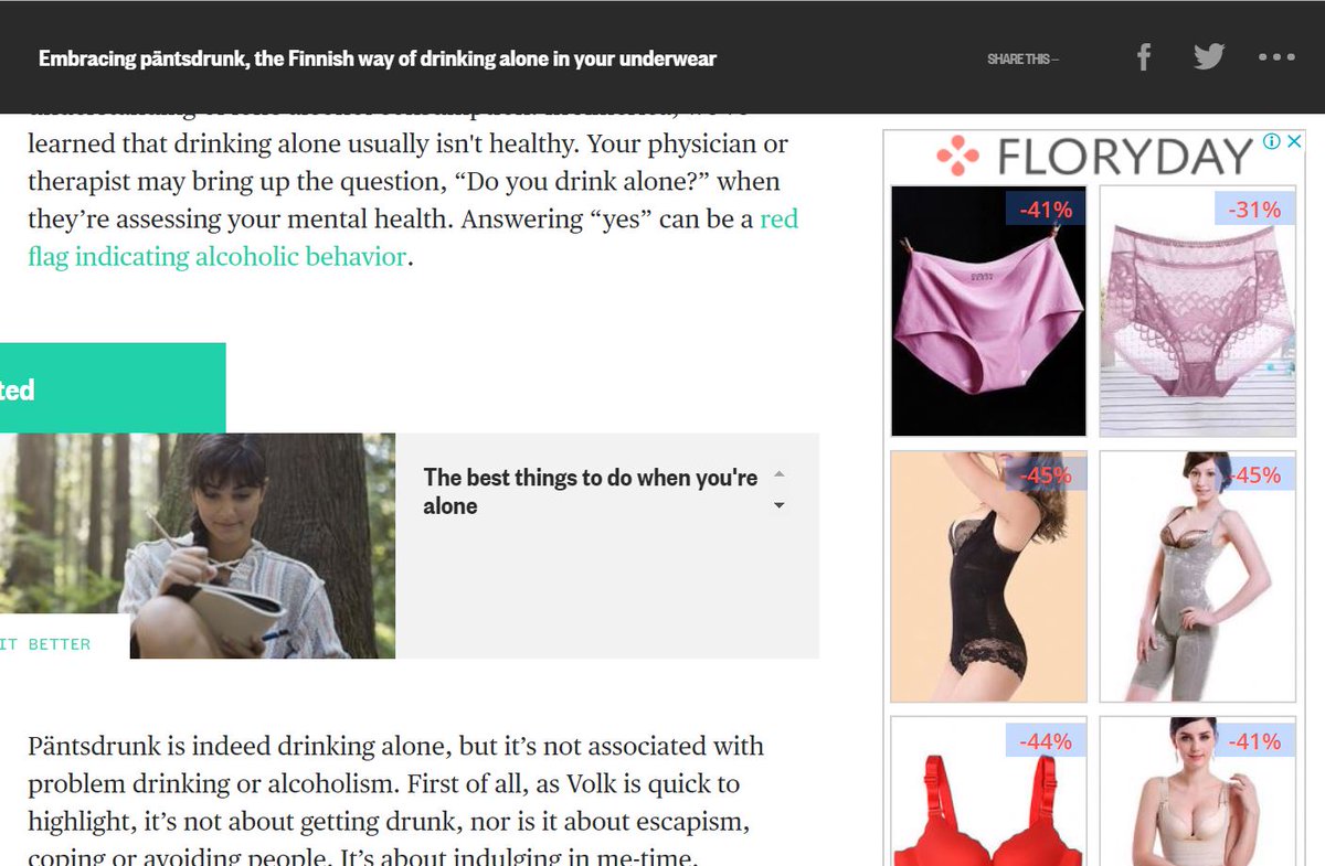 swimbeachrun's tweet photo. An article on the Finnish concept of Pantsdrunk (drinking alone in your undies) accompanied by an ad for undies. Excellent work #marketers #digitalmarketing #contextiseverything 😉😀 https://t.co/pxP9rrG9L8