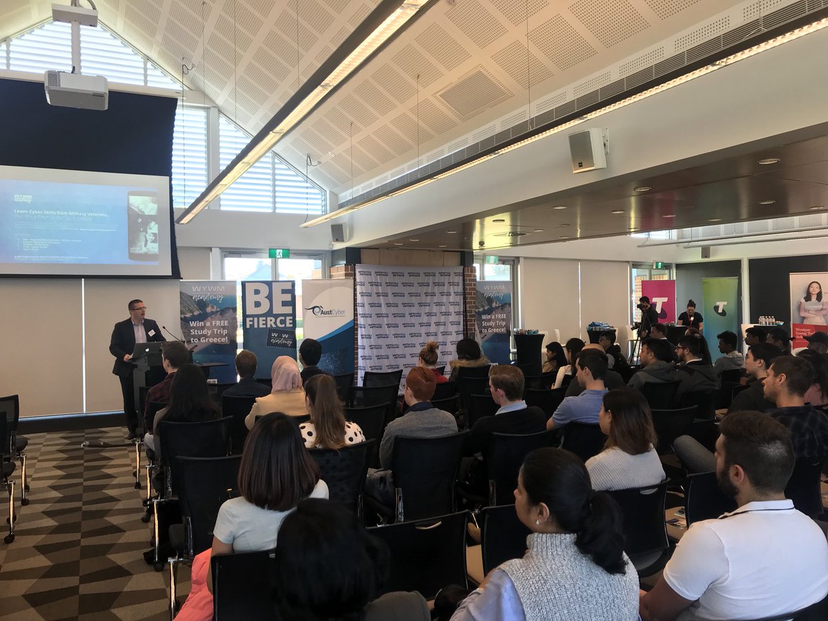 wywmfierce's tweet photo. Owen Pierce from @AustCyber talking to @westernsydneyu students about cyber careers. #ProjectSierra launch ๐ #Cyber #withyouwithme #befierce https://t.co/QVURPay3Yp